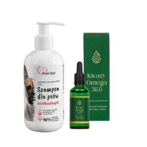 OVER ZOO šampūnas trumpaplaukiams šunims 250ml + LAB-V Omega 3 ir 6 riebalų rūgštys bendrai šunų ir kačių sveikatos, kailio ir odos būklei gerinti 100ml