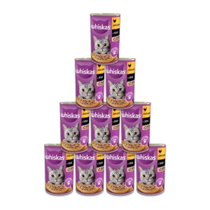 WHISKAS Adult konservų dėžutė 12x400g - drėgnas kačių maistas su vištiena padaže