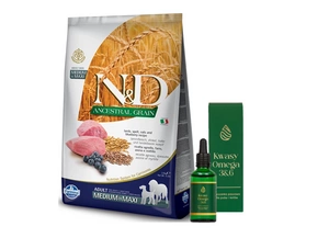Farmina N&D LAMBULIŠKAS MĖLYNAUOGIS MEDIUM MAXI 12kg + LAB-V Omega 3 ir 6 riebalų rūgštys bendrai šunų ir kačių sveikatos, kailio ir odos būklei gerinti 50ml