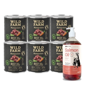 WILD FARM Monoprotein Beef 6x800g hipoalerginis maistas šunims + LAB V Lašišų aliejus šunims ir katėms 1000ml