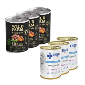 ENZO VET Hipoalerginė dieta su triušiena šunims 3x400g + Wild Farm Monoprotein Pork 3x400g hipoalerginis maistas šunims