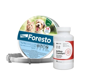 ELANCO Foresto Antkaklis katėms ir šunims sveriantiems mažiau nei 8kg + LAB-V Arthro Comfort - visapusiška sąnarių ir kaulų bei raumenų sistemos sveikata šunims ir katėms 90 kapsulių