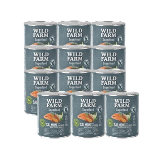 WILD FARM Superfood Salmon (lašiša su cukinijomis, saldžiosiomis bulvėmis ir žolelėmis) 12x800 g pašaro šunims be grūdų