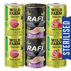 WILD FARM Premium Grain Free + Rafi 6x400g – be grūdų maistas kastruotiems katėms