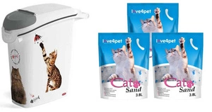 CURVER PetLife Konteineris kraikui ar ėdalui laikyti 10 kg/27 l 23,2x49,7x50,3 + Silikoninis kačių kraikas Smėlis 3x3,8 l