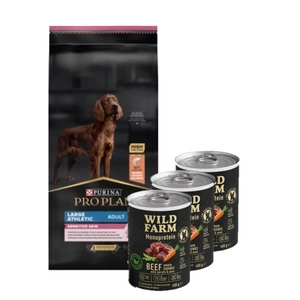 Purina Pro Plan Large Adult Athletic Optiderma, lašiša ir ryžiai 14kg + Wild Farm Monoprotein Beef 3x400g hipoalerginis maistas šunims