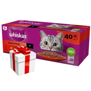 WHISKAS Adult paketėliai 40 x 85 g Classic Meals - drėgnas maistas suaugusioms katėms, su padažu (su jautiena, vištiena, ėriena, paukštiena) + Staigmena katei