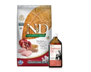 Farmina N&D Ancestral Grain canine CHICKEN & POMEGRANATE ADULT MEDIUM&MAXI 12kg + Lab-V 100% lašišų aliejus įvairaus amžiaus šunims ir katėms 500ml šalto spaudimo