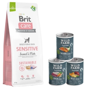 BRIT CARE Sustainable Sensitive Insect & Fish 12kg + Wild Farm Superfood skonių mišinys 3x400g