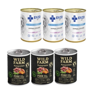 Wild Farm Monoprotein Pork 3x400g hipoalerginis maistas šunims + ENZO VET Hipoalerginė dieta su triušiena šunims 3x400g