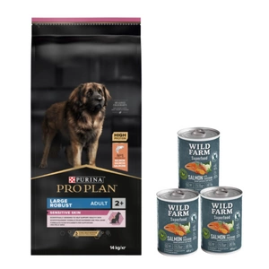 Purina Pro Plan Large Adult Robust Optiderma, lašiša ir ryžiai 14kg + Wild Farm Superfood Salmon lašiša 3x400 g pašaro šunims be grūdų