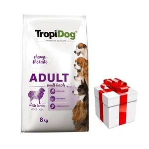 TROPIDOG Premium Adult Small Breeds su ėriena ir ryžiais 8kg + Staigmena Šunui