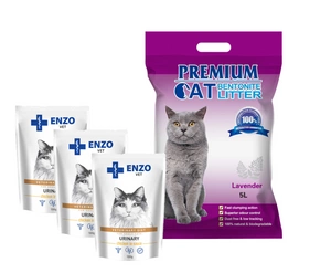 Premium Cat Clumping Bentonite Litter - levandų kraikas katėms 5L + 3x ENZO VET šlapalas su vištiena padaže katėms 100g