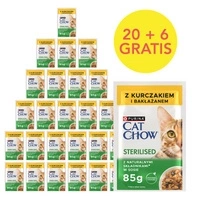CAT CHOW Sterilizuotas kačių maistas su vištiena ir baklažanais padaže 85g - 20 SASKETŲ + 6 NEMOKAMAI !!!