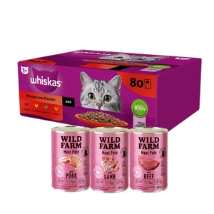 WHISKAS Adult paketėliai 80 x 85 g Classic Meals - drėgnas maistas suaugusioms katėms, su padažu (su jautiena, vištiena, ėriena, paukštiena) + WILD FARM Paštetas 3x400g