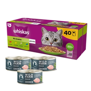 WHISKAS Adult paketėliai 40 x 85 g Fishy Treats - drėgnas maistas suaugusioms katėms drebučiuose (su lašiša, tunu, vištiena, jautiena) + WILD FARM Mousse Chicken 3x85g
