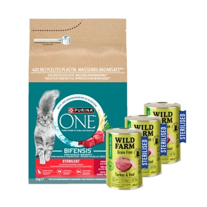 Purina One Cat Sterilcat jautienos maistas katėms 3kg + WILD FARM Premium Grain Free kalakutiena ir veršiena 3x400g - sterilizuotų kačių ėdalas be grūdų