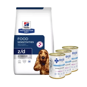 HILL'S PD Prescription Diet Canine z/d Food Sensitivities 3kg + ENZO VET Hipoalerginė dieta su triušiena šunims 3x400g