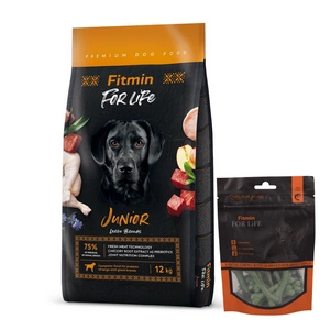 FITMIN For Life Junior Large Breeds 12kg + FITMIN Dantų skanėstas šunims su jūros dumbliais 70g