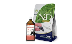 Farmina N&D Prime feline LAMB & BLUEBERRY ADULT 5kg + Lab-V 100% lašišų aliejus įvairaus amžiaus šunims ir katėms 500ml šalto spaudimo