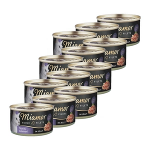 Miamor Feine Filets in jelly - drėgnas kačių ėdalas su tunu ir kalmarais 12x100g skardinė
