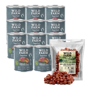 WILD FARM Superfood Wild Boar (elniena su batatais, uogomis ir žolelėmis) 12x800 g pašaro šunims be grūdų + nemokamas skanėstas