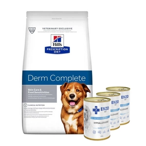 HILL'S PD Prescription Diet Canine Derm Complete 12kg + ENZO VET Hipoalerginė dieta su kalakutiena šunims 3x400g