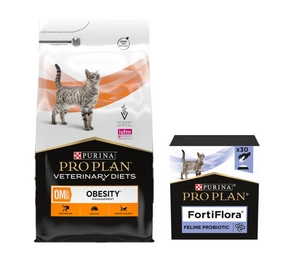 PURINA Veterinary PVD OM Nutukimo valdymas katėms 5kg + PURINA PVD FortiFlora Cat 30 paketėlių