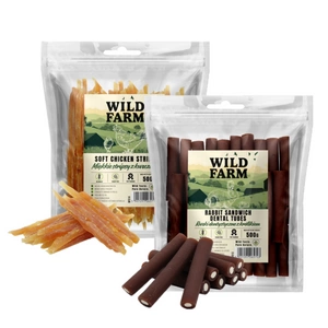 WILD FARM Triušių dantų tūbelės 500g + minkštos vištienos juostelės 500g skanėstai šunims
