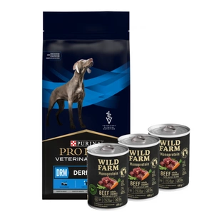 PURINA Veterinary PVD DRM Dermatosis 12kg + Wild Farm Monoprotein Beef 3x400g hipoalerginis maistas šunims