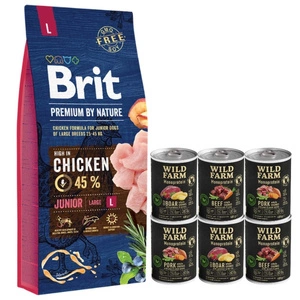 BRIT Premium By Nature Junior L 15kg + WILD FARM Monoprotein hipoalerginis šunų maistas – skonių rinkinys 6x400g