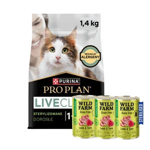 PRO PLAN LiveClear Maistas suaugusiems katėms po sterilizacijos, turtingas kalakutiena, 1,4 kg + WILD FARM Premium Grain Free Lamb and Tuna 3x400g - sterilizuotų kačių