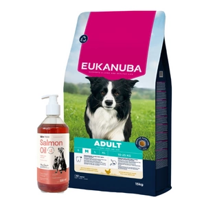 EUKANUBA Active Adult Medium Breed Chicken 15kg + LAB V Lašišų aliejus šunims ir katėms 500ml