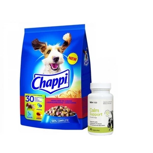 CHAPPI 9kg - sausas maistas šunims su jautiena, paukštiena ir daržovėmis + LAB-V Calm Support - streso ir elgesio sutrikimų simptomų palaikymas 45 kapsulės