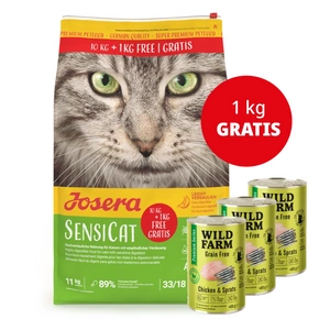 JOSERA SensiCat 10+1kg + WILD FARM Premium Grain Free Chicken and Sprats 3x400g - maistas katėms be grūdų