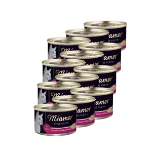 Miamor Feine Filets in jelly - drėgnas kačių ėdalas vištiena su kumpiu ir ryžiais 12x100g skardinė