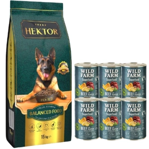 HEKTOR BALANCED Adult 15kg + WILD FARM Superfood Beef 6x400g