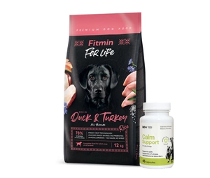 FITMIN dog For Life Duck & Turkey 12 kg + LAB-V Calm Support - streso ir elgesio sutrikimų simptomų palaikymas 45 kapsulės