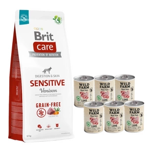 BRIT CARE Grain-free Sensitive Venison 12kg + Wild Farm Pate Lamb 6x400g ėrienos ėdalas šunims be glitimo