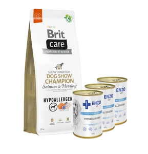 BRIT CARE Dog Hypoallergenic Dog Show Champion Lašiša ir silkė 12kg + ENZO VET Hipoalerginė dieta su kalakutiena šunims 3x400g
