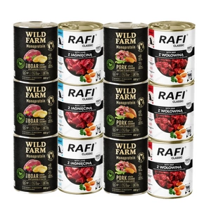 DOLINA NOTECI Rafi Classic + WILD FARM Monoproteinų skonių mišinys 12x800g