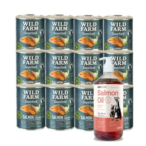 Wild Farm Superfood Salmon lašiša 12x400 g pašaro šunims be grūdų + LAB V Lašišų aliejus šunims ir katėms 1000ml