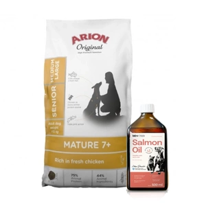 ARION Original Original Mature 7+ Senior Medium & Large Chicken sausas maistas šunims 12 kg + Lab-V 100% lašišų aliejus įvairaus amžiaus šunims ir katėms 500ml šalto spaudimo