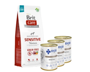 BRIT CARE Grain-free Sensitive Venison 12kg + 3x ENZO VET Žarnyno dieta šunims su ėriena 400g