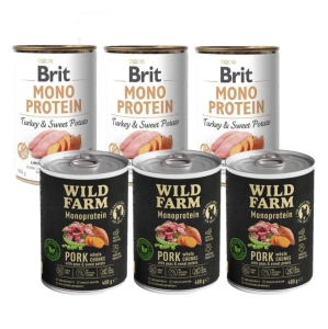 BRIT MONO PROTEIN TURKIJAUS ir saldžiųjų bulvių 3x400g + Wild Farm Monoprotein Pork 3x400g hipoalerginis maistas šunims