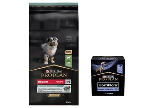 Purina Pro Plan Medium Puppy Sensitive Optidigest, ėriena ir ryžiai 12kg + PURINA PVD FortiFlora Dog 30 paketėlių