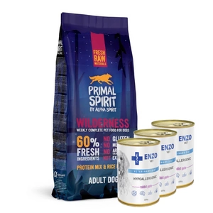 PRIMAL SPIRIT 60% Wilderness 12kg + ENZO VET Hipoalerginė dieta su triušiena šunims 3x400g