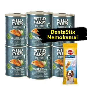 WILD FARM Superfood Salmon (lašiša su cukinijomis, saldžiosiomis bulvėmis ir žolelėmis) 6x800 g pašaro šunims be grūdų + DentaStix nemokamai