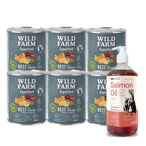 WILD FARM Superfood Beef (jautiena su moliūgais, bulvėmis ir petražolėmis) 6x800 g pašaro šunims be grūdų + LAB V Lašišų aliejus šunims ir katėms 1000ml