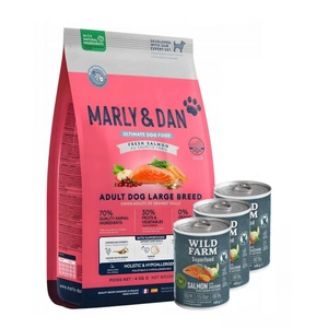 Marly & Dan Adult Dog Large Breed Fresh Salmon Holistic & Hypoallergenic 12kg sausas ėdalas + Wild Farm Superfood Salmon lašiša 3x400 g pašaro šunims be grūdų